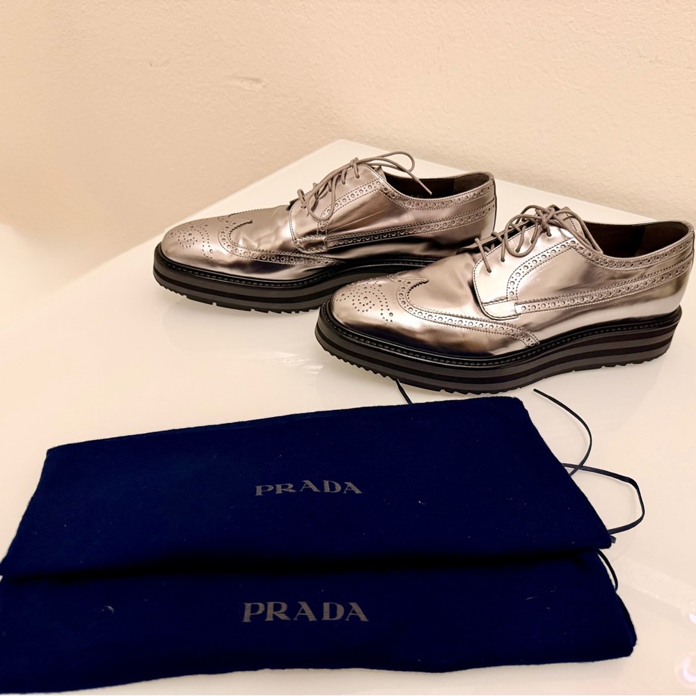 Prada Men's Metallic Oxford Shoes Laminated Lace Up Shoe
